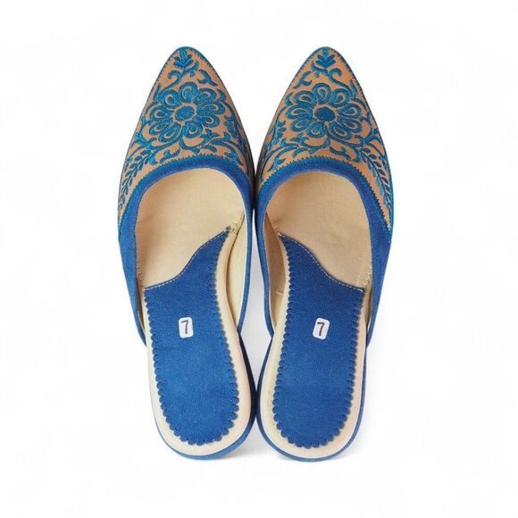 Moroccan Leather Embroidered Babouche Leather Slippers Blue / Tan Women's 7 - Picture 6 of 10